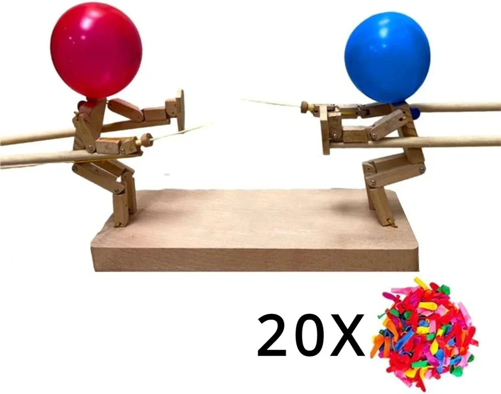 Balloon Battle Handmade Wooden Fencing Puppet Head Inflatable Wooden Fighter Fast Paced Balloon Battle Game for 2 Players